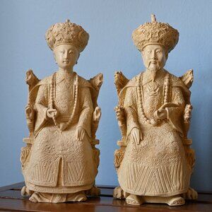 VTG Pair Asian Emperor Empress Faux Ivory Resin Statues 12.5"